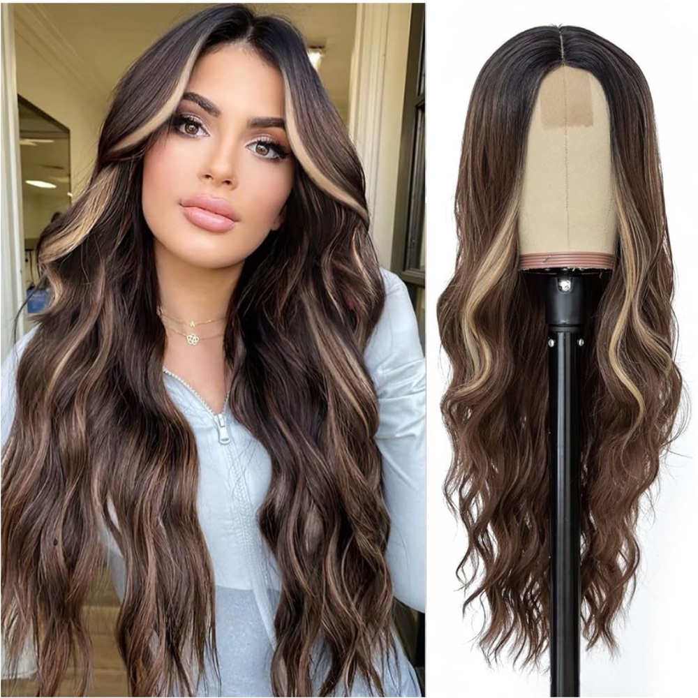 NAYOO Long Brown Mixed Blonde Wavy Wig for Women 26 Inch Middle Part Curly Wavy